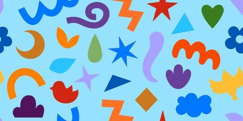 A vibrant seamless pattern with abstract geometric shapes, drawn with marker or 스톡 일러스트