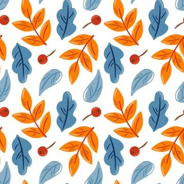 A vibrant, seamless pattern featuring autumn leaves in shades of orange, blue Stock Illustration