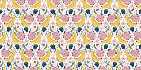 Vibrant seamless pattern featuring bananas, figs, blackberries, white straw.. Illustrazione stock