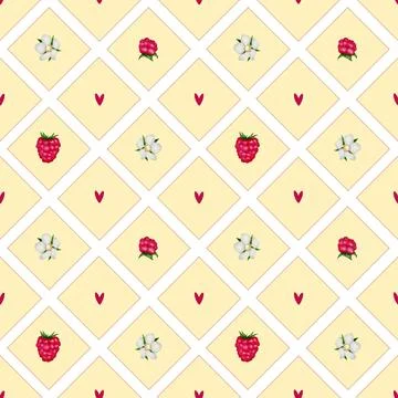 Vibrant seamless pattern featuring berries and hearts on a soft yellow back.. Stock Illustration