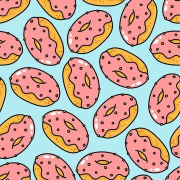A vibrant, seamless pattern featuring cartoon donuts with pink frosting and c Stock Illustration
