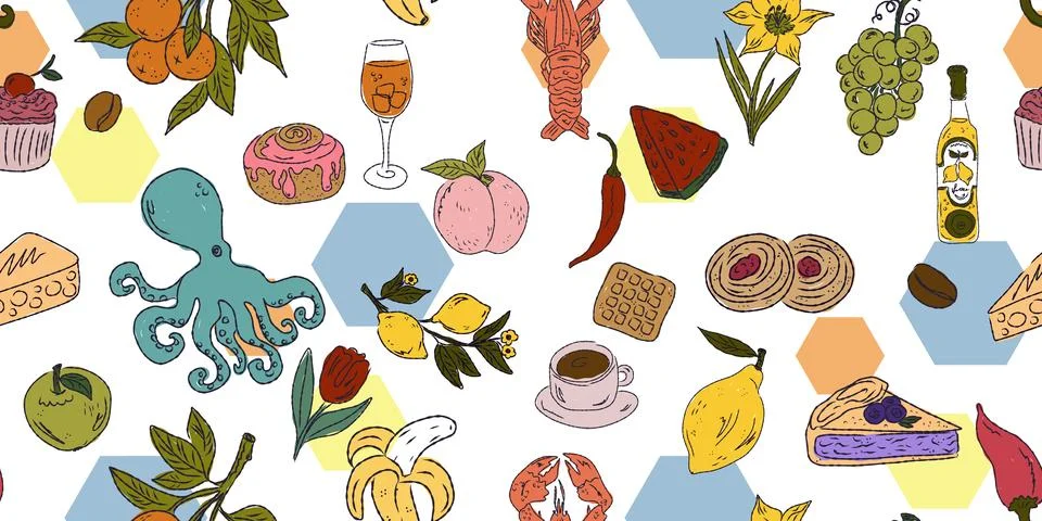 A vibrant seamless pattern featuring food and drink: sweets, fruits, seafood, Stock Illustration