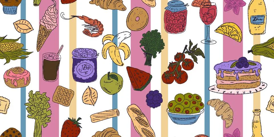 A vibrant seamless pattern featuring food and drink: sweets, fruits, seafood, Stock Illustration