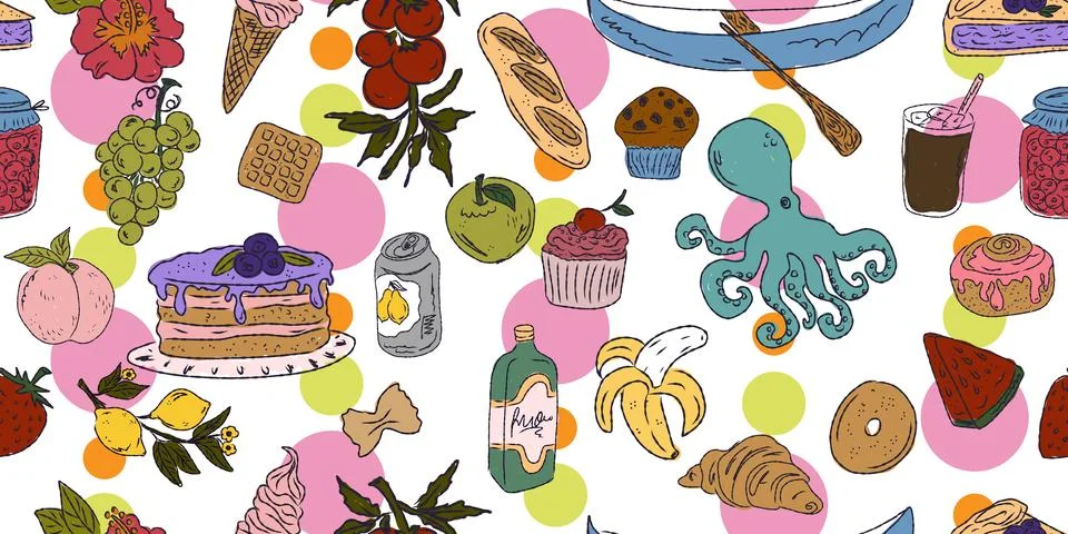 A vibrant seamless pattern featuring food and drink: sweets, fruits, seafood, Stock Illustration
