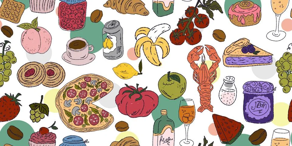 A vibrant seamless pattern featuring food and drink: sweets, fruits, seafood, Stock Illustration