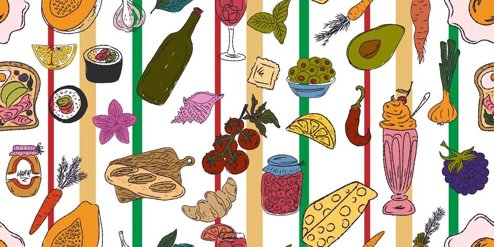A vibrant seamless pattern featuring food and drink: sweets, fruits, seafood, Stock Illustration