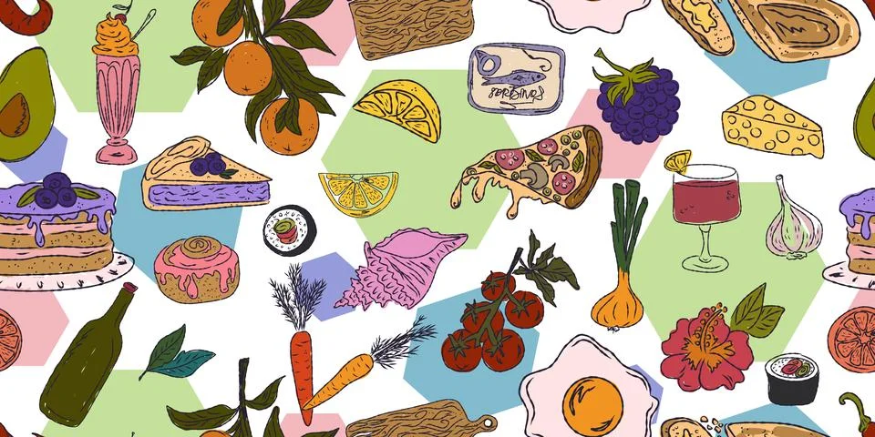 A vibrant seamless pattern featuring food and drink: sweets, fruits, seafood, Stock Illustration