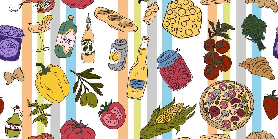 A vibrant seamless pattern featuring food and drink: sweets, fruits, seafood, Stock Illustration