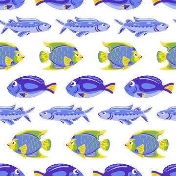 Vibrant seamless pattern featuring Queen Angelfish and Blue Surgeonfish in a 스톡 일러스트