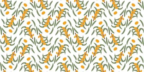 Vibrant seamless pattern featuring sea buckthorn berries and green leaves on  Stock Illustration