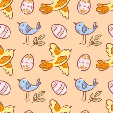 A vibrant seamless pattern featuring spring birds in flight and playful Easte Illustrazione stock
