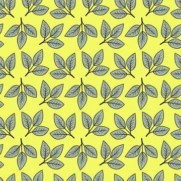 Vibrant, seamless pattern featuring stylized grey leaves on a sunny yellow ba Stock Illustration