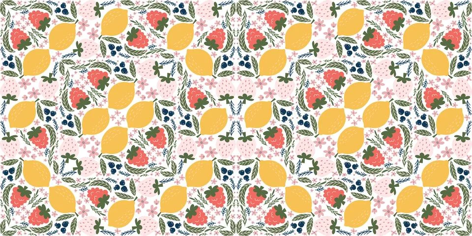 Vibrant seamless pattern featuring white strawberries, raspberries, lemons,.. Stock Illustration