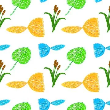 Vibrant Seamless Pattern with Fish, Cattails, and Lily Pads Stock Illustration