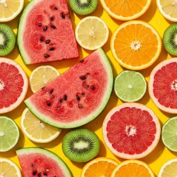 Vibrant seamless pattern of fresh sliced summer fruits and citrus on yellow Foto stock