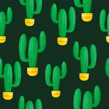 Vibrant seamless pattern of green cactus in yellow pots on black background Stock Illustration