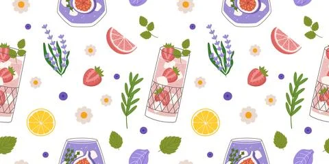 Vibrant seamless pattern with lemonade drinks, citrus, berries, and herbs. .. Stock Illustration