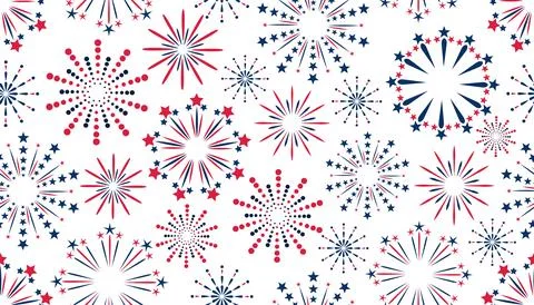 Vibrant seamless pattern of red and blue fireworks on a white background. F.. Stockillustratie