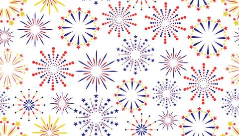 Vibrant seamless pattern of red, blue, and yellow fireworks on a white back.. Stock Illustration