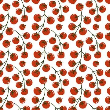 Vibrant Seamless Pattern with Ripe Cherry Tomatoes on Green Branches Stock Illustration