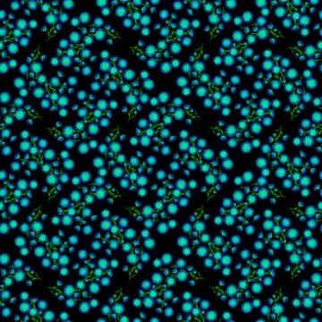 Vibrant seamless pattern with swirling blue flowers and green stems on black Stock Illustration