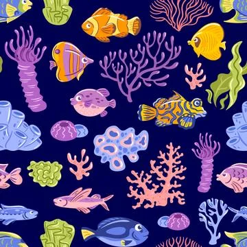 Vibrant seamless pattern with tropical fish, colorful corals, and flowing algae Stock Illustration