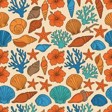 Vibrant Seamless Pattern of Underwater Sea Life with Shells, Coral, and Hib.. Stock Illustration
