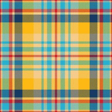 Vibrant seamless pixelated tartan pattern with yellow, cyan, and red hues. .. Stock Illustration