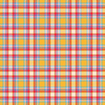 This vibrant seamless plaid pattern blends yellow, red, and blue in a pixel.. Stock Illustration