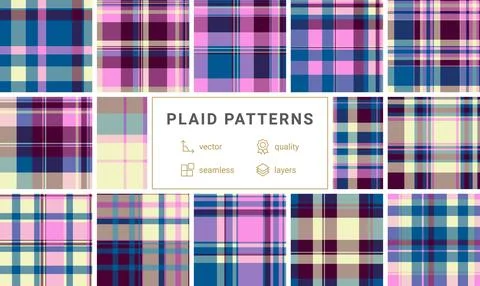 This vibrant seamless plaid pattern features a modern blend of blue, pink, .. Stock Illustration