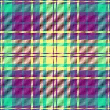 Vibrant seamless plaid pattern in striking purple, teal, and sunny yellow, .. Stock Illustration