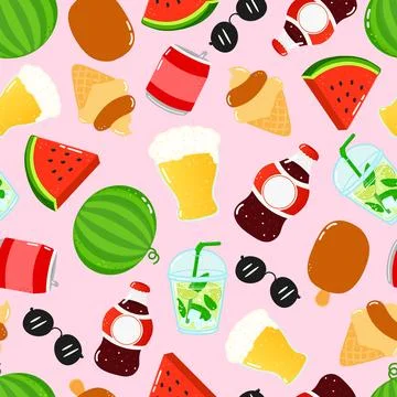 A vibrant seamless summer pattern with refreshing drinks, fruit, and treats. Illustrazione stock