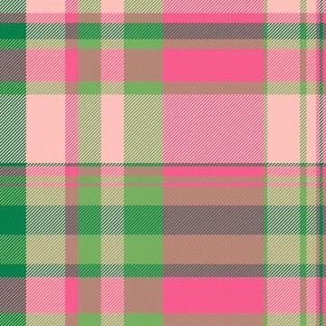 A vibrant, seamless tartan plaid pattern featuring interlocking green, pink,  Stock Illustration