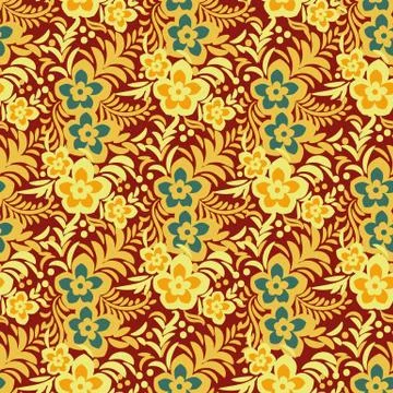 Vibrant seamless vector pattern with golden flowers on red background Stock Illustration
