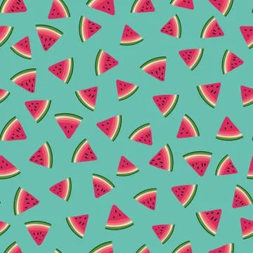 Vibrant seamless vector pattern with pieces of watermelon on teal background. Stock-Illustration