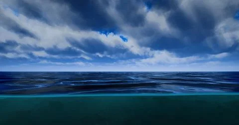 Vibrant seascape under dramatic cloudy sky at sunset over the ocean Stock Illustration