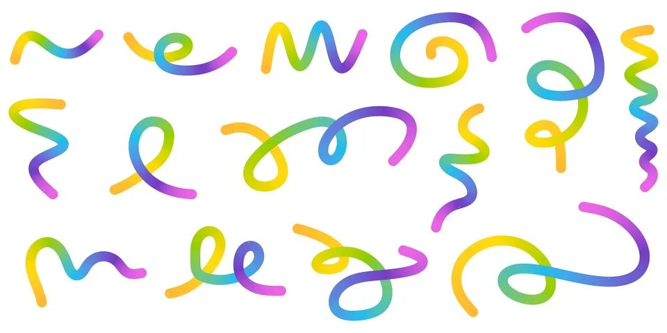 A vibrant set of abstract hand-drawn scribble lines with smooth rainbow gra.. Stock Illustration