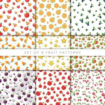 A vibrant set of nine seamless fruit patterns in a flat design style, perfe.. Stock Illustration