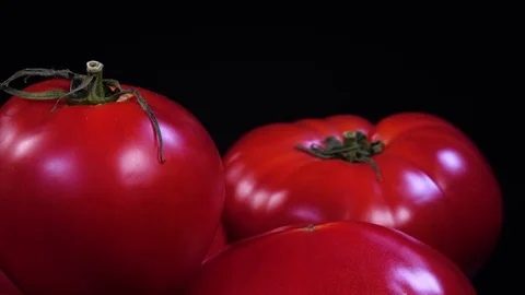 Vibrant side view close up of fresh pink tomatoes, apple of love Video stock 78353627