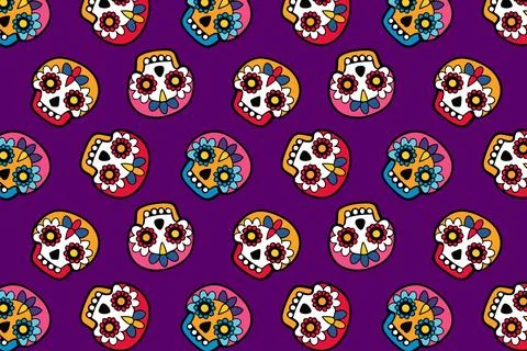Vibrant skull pattern on purple, Dia de los Muertos design, bright festive Stock Illustration