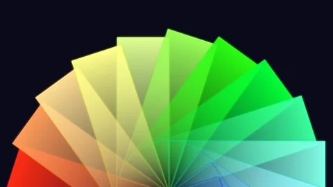 A vibrant spectrum of overlapping geometric shapes arranged in a radial arc Video stock 335117632