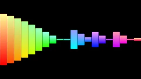 A vibrant spectrum of rainbow colored audio waveform bars on black background 库存影片 335117173