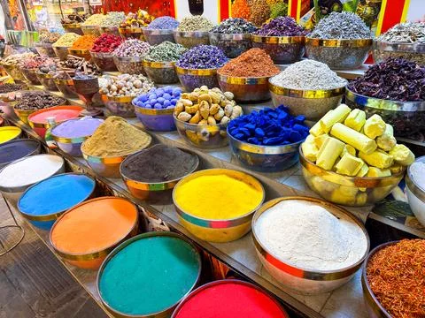 Vibrant Spice Souk in Dubai with Colorful Powder Display Stock Photos