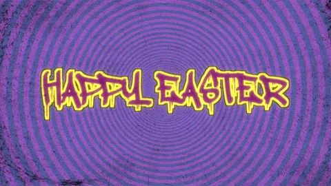 Vibrant spiral Happy Easter in yellow on a purple pattern Stock Footage 258727933