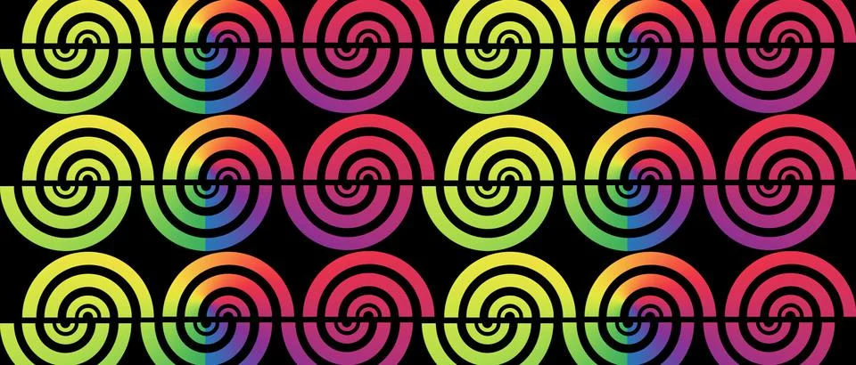 Vibrant Spiral Wave Seamless Pattern with Rainbow Gradient Circles Illustrazione stock