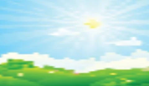 Vibrant spring landscape with bright sun glowing in clear blue sky over lush Stock Illustration