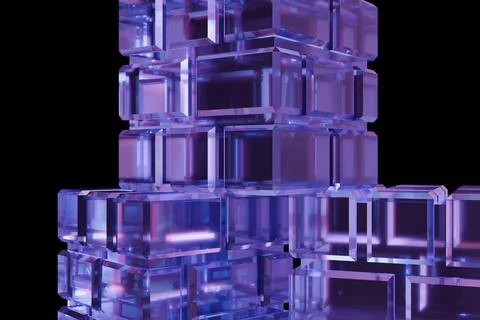 A vibrant stack of translucent, iridescent purple cubes creates a geometric.. 스톡 일러스트