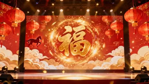 A vibrant stage setup featuring a Chinese large golden 'FU’  character Stock Photos