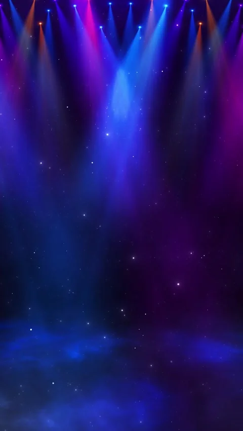 Vibrant stage show background rainbow beams, glowing haze, scattered stars floor Stock Footage 340414692