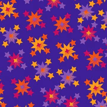 Vibrant Starburst and Celestial Star Pattern Illustration on Deep Purple Stock Illustration